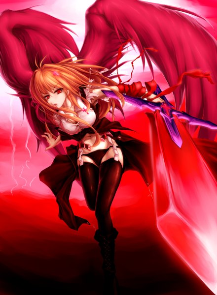 Anime picture 2200x3000 with touhou rumia long hair tall image highres breasts light erotic blonde hair red eyes large breasts girl thighhighs underwear panties ribbon (ribbons) sword wings cross