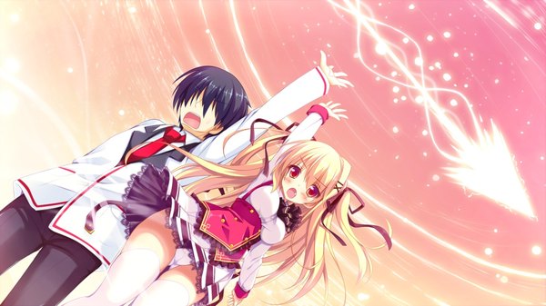 Anime picture 1024x576 with hanayome to maou celica tepes lunatica long hair blush short hair open mouth light erotic black hair blonde hair red eyes wide image game cg pantyshot couple magic girl boy uniform underwear panties