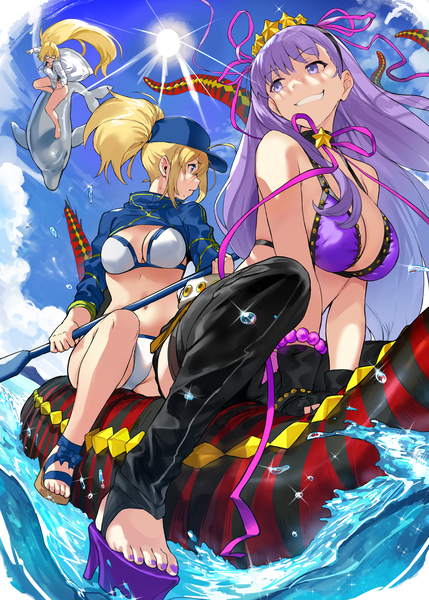 Anime picture 6008x8408 with fate (series) fate/grand order artoria pendragon (all) jeanne d'arc (fate) (all) bb (fate) (all) jeanne d'arc (swimsuit archer) bb (swimsuit mooncancer) (fate) mysterious heroine xx (foreigner) hews long hair tall image highres short hair breasts blue eyes light erotic blonde hair smile sitting purple eyes