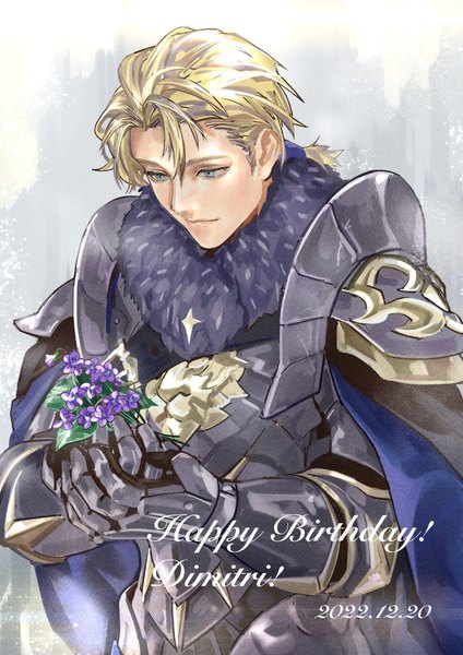 Anime picture 1000x1414 with fire emblem fire emblem: three houses fire emblem warriors: three hopes nintendo dimitri alexandre blaiddyd mktskk1106 single tall image fringe short hair blue eyes blonde hair smile hair between eyes standing holding looking away fur trim character names dated