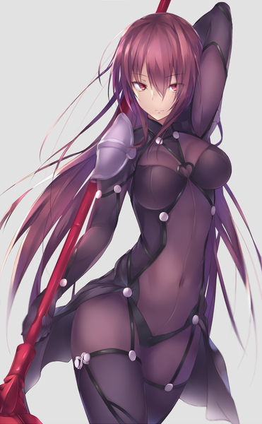 Anime picture 846x1366 with fate (series) fate/grand order scathach (fate) (all) scathach (fate) metindone single long hair tall image looking at viewer fringe light erotic simple background hair between eyes red eyes brown hair grey background girl navel weapon armor