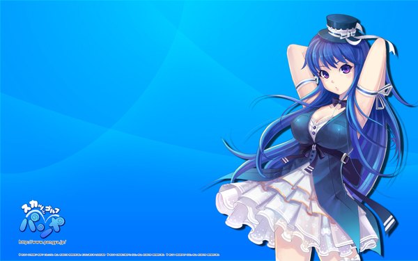 Anime picture 1920x1200 with pangya arin long hair highres light erotic simple background wide image purple eyes blue hair girl hat