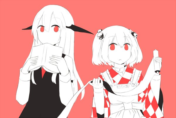 Anime picture 1720x1156 with touhou koakuma motoori kosuzu hinami047 long hair looking at viewer fringe highres short hair simple background hair between eyes red eyes multiple girls holding long sleeves traditional clothes japanese clothes two side up monochrome head wings
