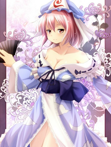 Anime picture 669x885 with touhou saigyouji yuyuko sui. (ayase) single tall image blush short hair breasts light erotic red eyes bare shoulders pink hair traditional clothes japanese clothes light smile girl belt bonnet fan yukata