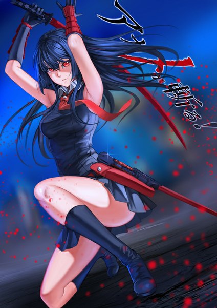 Anime picture 620x877 with akame ga kill! white fox akame (akame ga kill!) sturmjager single long hair tall image fringe breasts red eyes bare shoulders holding sky purple hair bent knee (knees) pleated skirt arms up bare legs copyright name squat