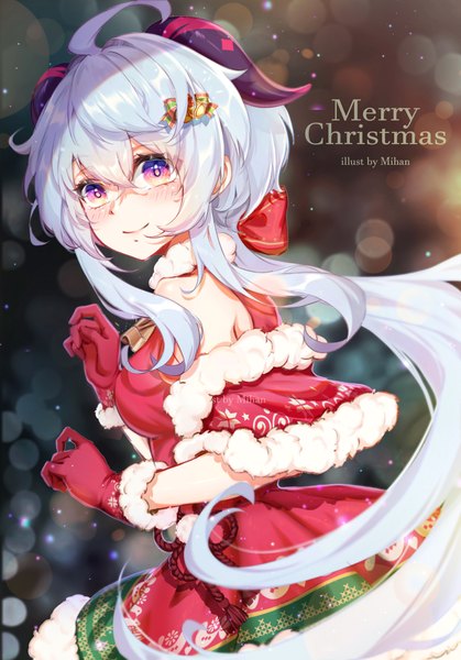 Anime picture 3490x5000 with genshin impact ganyu (genshin impact) mihan77108047 single long hair tall image fringe highres smile hair between eyes purple eyes signed blue hair looking away absurdres ahoge horn (horns) christmas merry christmas girl