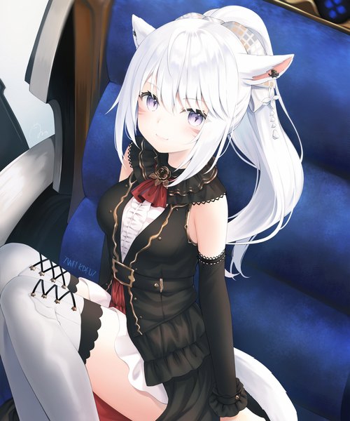 Anime picture 1200x1440 with final fantasy final fantasy xiv square enix miqo'te kanora single long hair tall image looking at viewer blush fringe smile hair between eyes sitting purple eyes animal ears payot ponytail tail animal tail