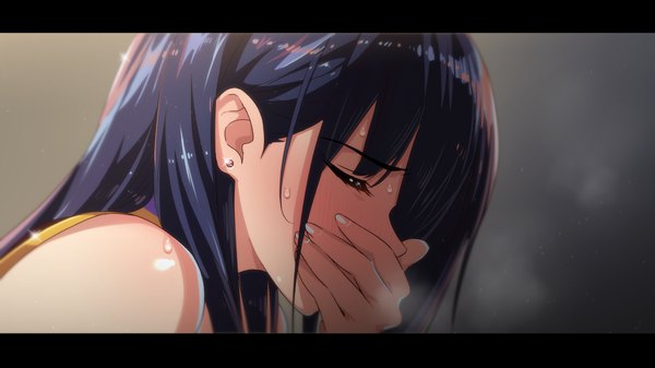 Anime picture 1920x1080 with original yusukesan single long hair blush fringe highres blue eyes wide image bare shoulders payot blue hair upper body eyes closed profile sweat looking down symbol-shaped pupils letterboxed exhalation