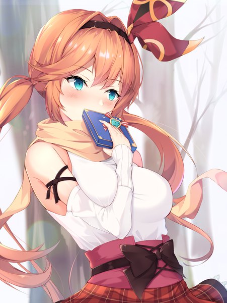 Anime picture 1391x1848 with granblue fantasy clarisse (granblue fantasy) ranju aira single long hair tall image blush fringe breasts blue eyes hair between eyes standing twintails bare shoulders holding payot looking away outdoors orange hair low twintails