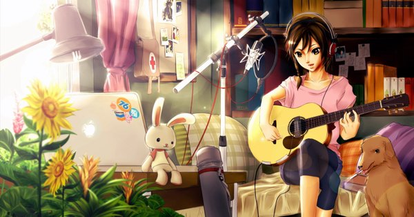 Anime picture 1601x839 with original jojo218 single short hair open mouth brown hair wide image sitting brown eyes braid (braids) sunlight girl flower (flowers) headphones book (books) toy stuffed animal microphone guitar dog