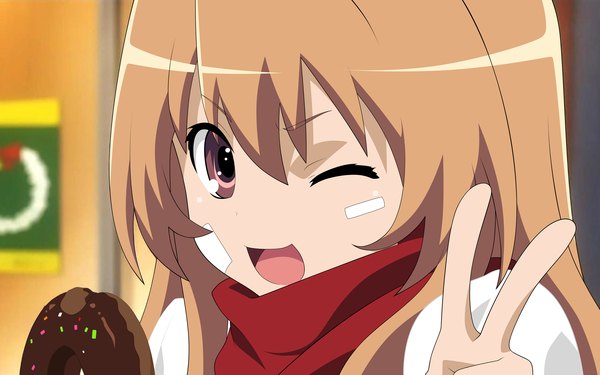 Anime picture 2560x1600 with toradora j.c. staff aisaka taiga single highres open mouth blonde hair wide image one eye closed wink close-up vector food scarf doughnut