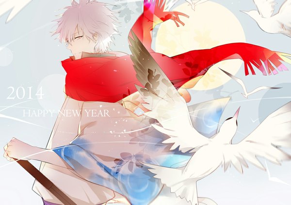 Anime picture 1000x707 with gintama sunrise (studio) sakata gintoki zxs1103 single looking at viewer short hair red eyes white hair long sleeves traditional clothes japanese clothes profile grey background new year happy new year 2014 boy animal kimono