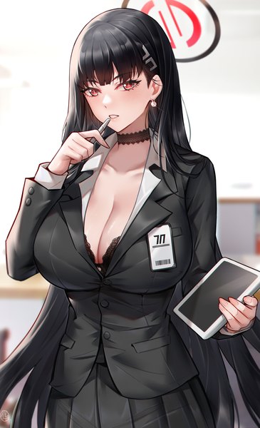 Anime picture 2124x3492 with blue archive rio (blue archive) hua-j single long hair tall image looking at viewer blush fringe highres breasts light erotic black hair red eyes large breasts standing holding cleavage blunt bangs long sleeves