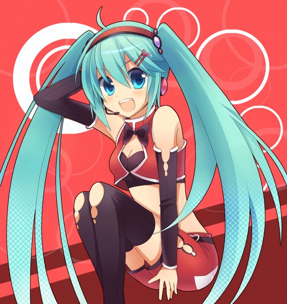 Anime picture 1041x1100 with vocaloid hatsune miku cola miku moe on drop single tall image open mouth sitting twintails very long hair aqua eyes aqua hair girl thighhighs hair ornament detached sleeves shorts heart headphones bobby pin