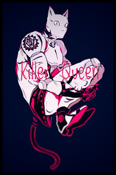 Anime picture 550x829 with jojo no kimyou na bouken killer queen mizudama single tall image looking at viewer simple background full body character names black background midair embryo's pose stand (jojo) boy