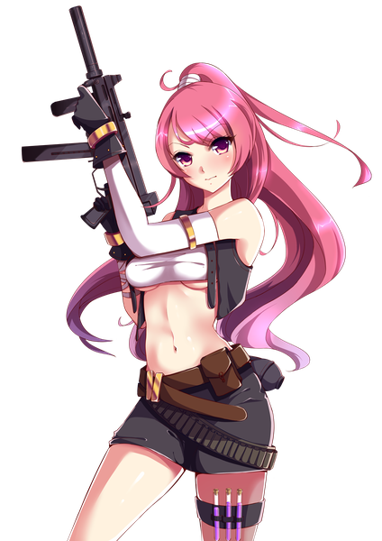 Anime picture 3507x4960 with original pandako single long hair tall image looking at viewer blush fringe highres breasts light erotic standing bare shoulders pink hair absurdres ponytail pink eyes bare belly transparent background girl
