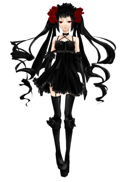 Anime-Bild 1000x1414 mit original yoshikawa (rocks11) single long hair tall image looking at viewer black hair simple background red eyes white background twintails hair flower girl thighhighs dress gloves hair ornament black thighhighs elbow gloves