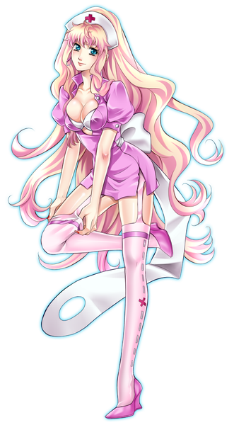 Anime picture 553x1000 with macross macross frontier sheryl nome tamari (flawless) single tall image looking at viewer blush breasts blue eyes light erotic blonde hair standing cleavage full body very long hair nail polish transparent background nurse girl