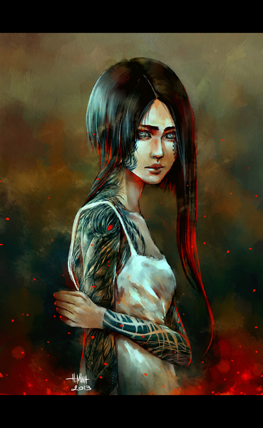 Anime picture 800x1300 with nanfe single long hair tall image looking at viewer black hair signed red hair profile multicolored hair realistic two-tone hair grey eyes tattoo letterboxed smoke serious girl dress white dress