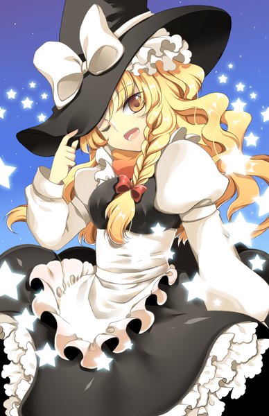 Anime picture 1000x1546 with touhou kirisame marisa roh nam kyung single long hair tall image looking at viewer open mouth blonde hair yellow eyes braid (braids) one eye closed wink girl dress star (symbol) apron witch hat