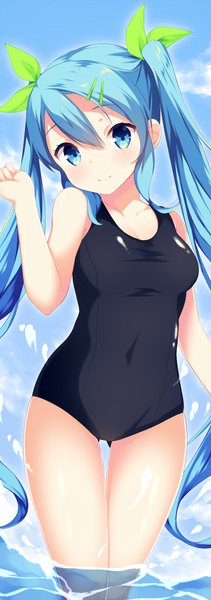 Anime picture 408x1159 with original mimura zaja single tall image looking at viewer blush fringe blue eyes light erotic smile hair between eyes twintails payot blue hair sky cloud (clouds) very long hair head tilt partially submerged ass visible through thighs