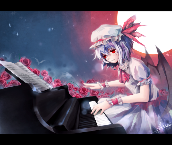 Anime picture 1500x1262 with touhou remilia scarlet single short hair red eyes signed blue hair girl dress flower (flowers) wings frills rose (roses) bonnet piano