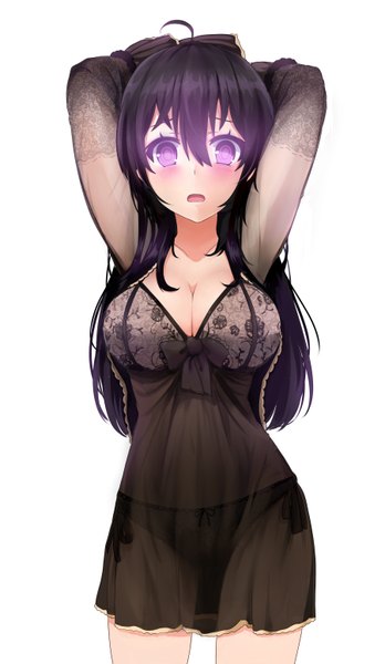 Anime picture 1800x3100 with original miyaura sanshio beifeng han single long hair tall image looking at viewer blush fringe highres breasts open mouth light erotic black hair simple background hair between eyes large breasts standing white background purple eyes