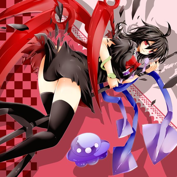 Anime picture 1500x1500 with touhou houjuu nue akatsuki yakyou single long hair light erotic black hair red eyes looking back torn clothes checkered girl thighhighs bow black thighhighs wings snake trident