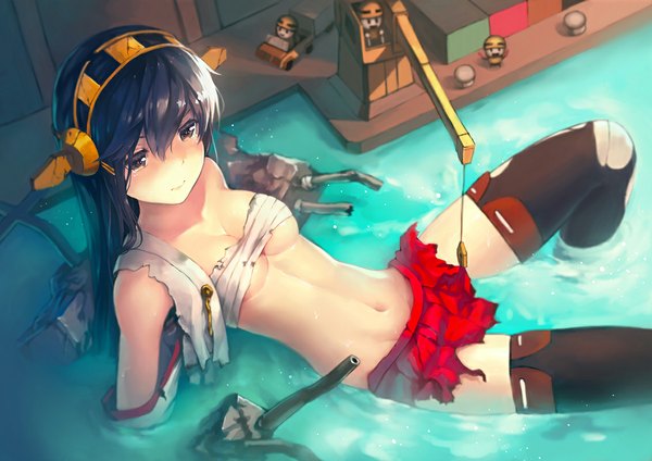 Anime picture 1132x800 with kantai collection haruna battleship zomoto (graytone) single long hair fringe breasts light erotic black hair bare shoulders brown eyes looking away pleated skirt from above arm support bare belly wet partially submerged torn clothes groin