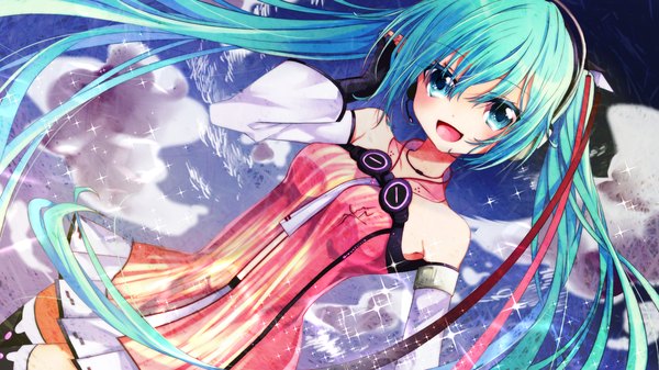 Anime picture 1920x1080 with vocaloid freely tomorrow (vocaloid) hatsune miku tsukasa kinako single looking at viewer blush highres open mouth wide image twintails very long hair aqua eyes aqua hair girl dress detached sleeves headphones