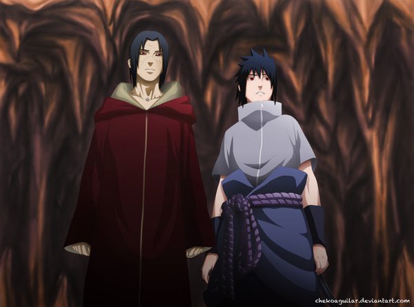 Anime picture 7000x5198 with naruto studio pierrot naruto (series) uchiha sasuke uchiha itachi chekoaguilar highres short hair black hair red eyes absurdres coloring akatsuki sharingan boy cloak