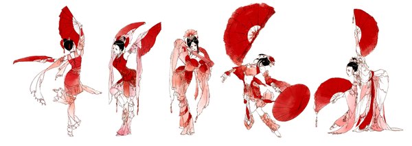 Anime picture 1676x595 with original ibuki satsuki short hair black hair simple background wide image white background holding traditional clothes profile back chinese clothes pale skin traditional media dancing girl hair ornament fan chinese dress
