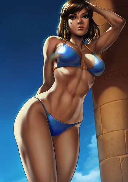 Anime-Bild 3508x4961 mit overwatch blizzard entertainment pharah (overwatch) dandon fuga single tall image looking at viewer fringe highres short hair breasts light erotic brown hair brown eyes signed absurdres sky cloud (clouds) outdoors arm up