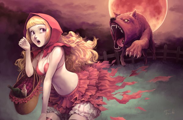 Anime picture 1832x1200 with little red riding hood little red riding hood (character) toshi (www000wj) long hair highres breasts open mouth light erotic blonde hair bare shoulders signed pink eyes looking back night teeth midriff fang (fangs) zettai ryouiki girl thighhighs