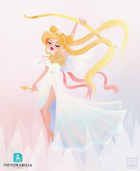 Anime picture 3543x4323 with bishoujo senshi sailor moon toei animation tsukino usagi neo queen serenity memorabilia single long hair tall image highres blonde hair twintails holding signed absurdres eyes closed barefoot arm up wind hair bun (hair buns) lipstick