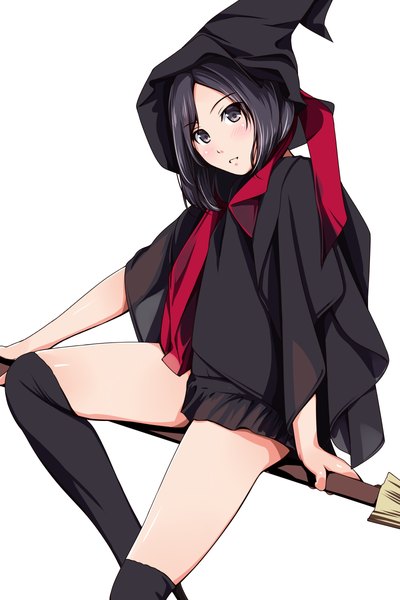 Anime picture 800x1200 with original matsunaga kouyou single long hair tall image looking at viewer blush black hair white background black eyes witch girl thighhighs black thighhighs