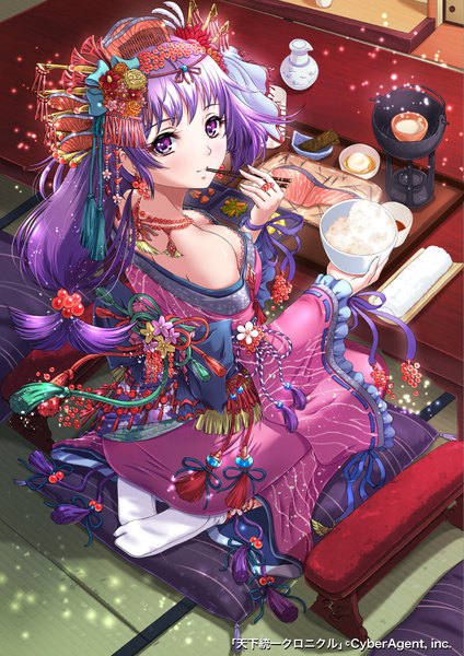 Anime picture 800x1131 with tenkuu no crystalia sakiyamama single long hair tall image looking at viewer blush fringe breasts light erotic smile sitting purple eyes bare shoulders holding cleavage purple hair indoors traditional clothes japanese clothes