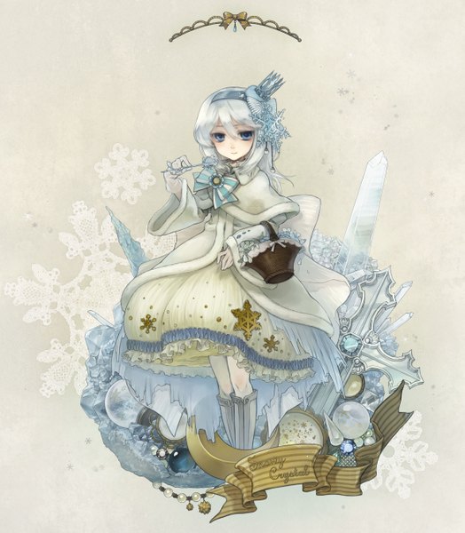 Anime picture 2342x2678 with original hebino (snake nest) single tall image looking at viewer highres short hair blue eyes white hair snowflake print girl dress gloves hair ornament bow white gloves cross crown snowflake (snowflakes) basket