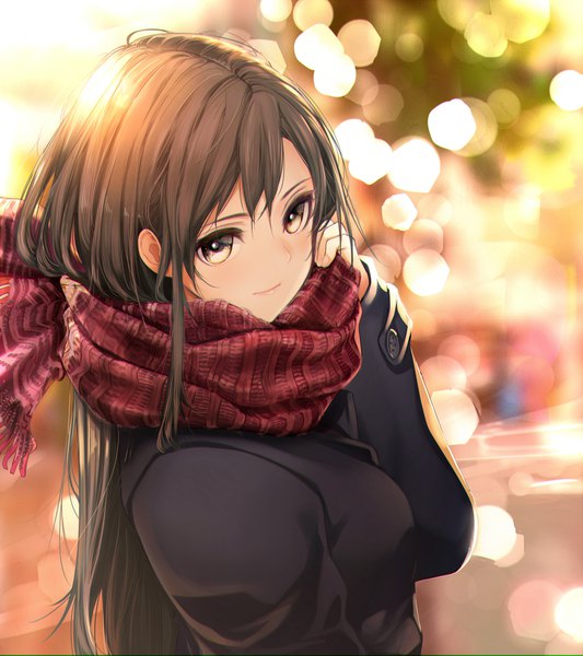 Anime picture 1519x1709 with original giba (out-low) single long hair tall image looking at viewer blush fringe breasts hair between eyes brown hair brown eyes payot upper body light smile lens flare girl scarf coat red scarf