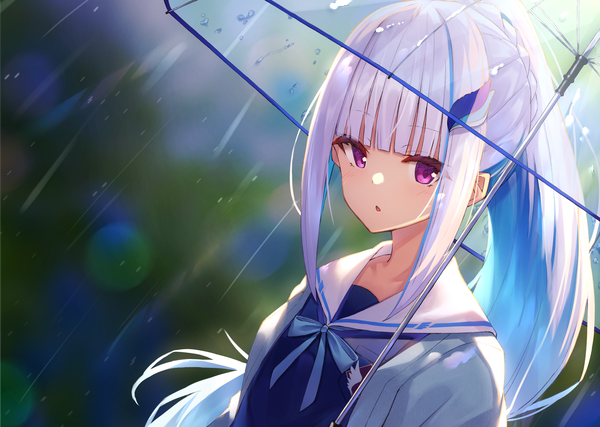 Anime picture 2549x1812 with virtual youtuber nijisanji lize helesta lize helesta (4th costume) yuuki nao (pixiv10696483) single long hair blush fringe highres open mouth purple eyes payot blue hair looking away silver hair upper body outdoors ponytail blunt bangs