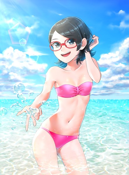 Anime picture 1412x1909 with naruto studio pierrot naruto (series) uchiha sarada onenechan single tall image looking at viewer short hair open mouth light erotic black hair smile standing bare shoulders sky cloud (clouds) outdoors :d black eyes
