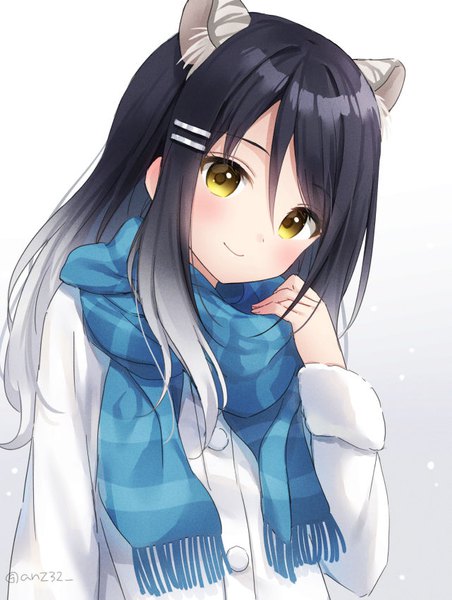 Anime picture 641x850 with princess connect! shiori (princess connect!) anz32 single long hair tall image looking at viewer blush black hair simple background smile hair between eyes white background signed animal ears yellow eyes upper body head tilt multicolored hair two-tone hair