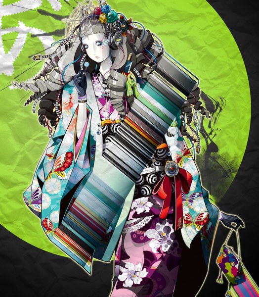 Anime picture 1503x1719 with original hiroyuki takahashi single long hair tall image blush open mouth standing holding traditional clothes japanese clothes aqua eyes grey hair floral print drill hair pale skin face paint girl gloves hair ornament