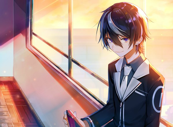 Anime picture 1500x1100 with virtual youtuber game club project doumyouji haruto miyukiyo single looking at viewer fringe short hair black hair smile hair between eyes purple eyes holding silver hair upper body indoors multicolored hair sunlight two-tone hair streaked hair