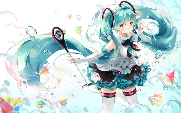 Anime picture 2039x1271 with vocaloid magical mirai (vocaloid) hatsune miku magical mirai miku magical mirai miku (2017) asahi kuroi single looking at viewer blush fringe highres hair between eyes wide image twintails bare shoulders holding very long hair arm up aqua eyes aqua hair