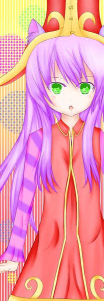 Anime picture 1209x3482 with league of legends lulu (league of legends) demon fang (artist) single long hair tall image looking at viewer open mouth green eyes animal ears purple hair girl hat