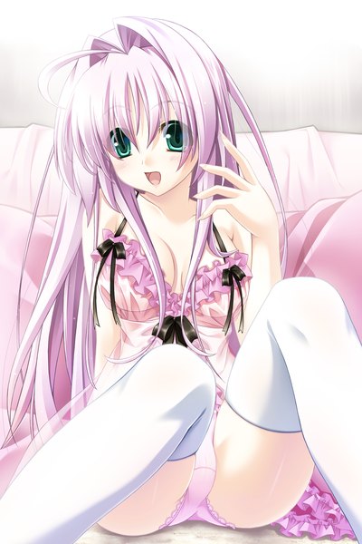 Anime picture 1024x1536 with original argenteumastrum single long hair tall image open mouth light erotic green eyes pink hair cleavage ahoge underwear only girl thighhighs underwear panties white thighhighs