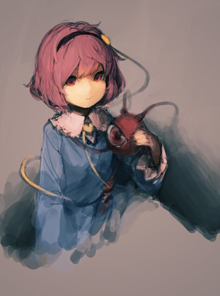 Anime picture 743x1000 with touhou komeiji satori junwool single tall image looking at viewer fringe short hair simple background pink hair pink eyes portrait purple background sketch girl eyeball