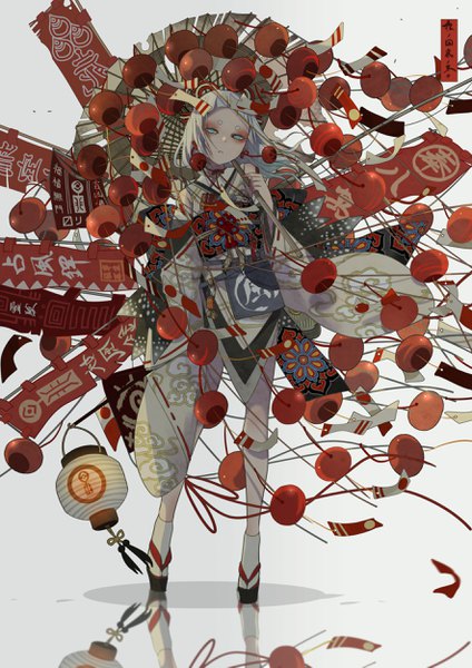 Anime picture 1768x2500 with original nanahara single long hair tall image looking at viewer highres blue eyes standing absurdres full body white hair traditional clothes japanese clothes wind wide sleeves reflection eyebrows pale skin eyeshadow
