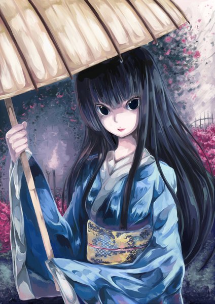 Anime picture 2169x3069 with original ayaya (artist) long hair tall image highres black hair japanese clothes lips black eyes flower (flowers) belt kimono umbrella